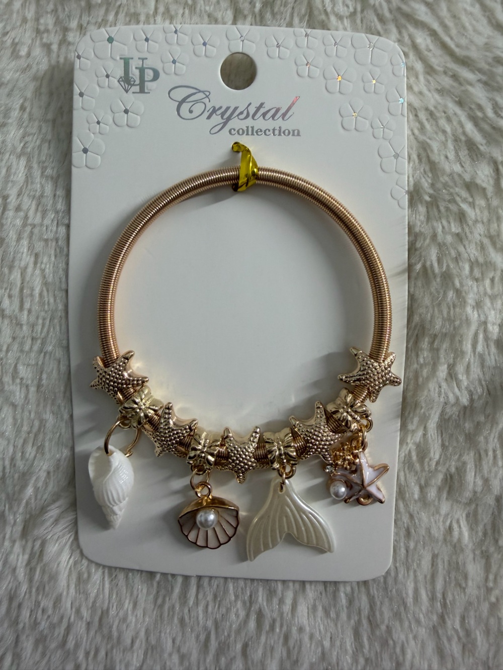Gold Starfish Charm Bangle Bracelet with Shell and Pearl Charms